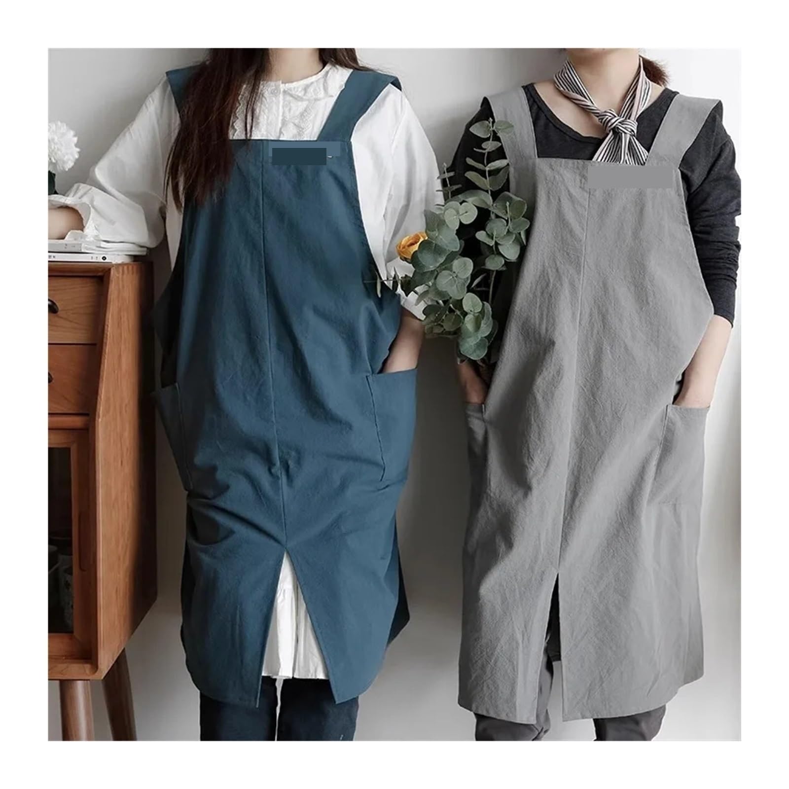 Tela Grembiuli Grembiule da cucina in cotone lavato con spacco frontale tasche for donna e uomo, retro incrociato antisporco for la pulizia della cottura
