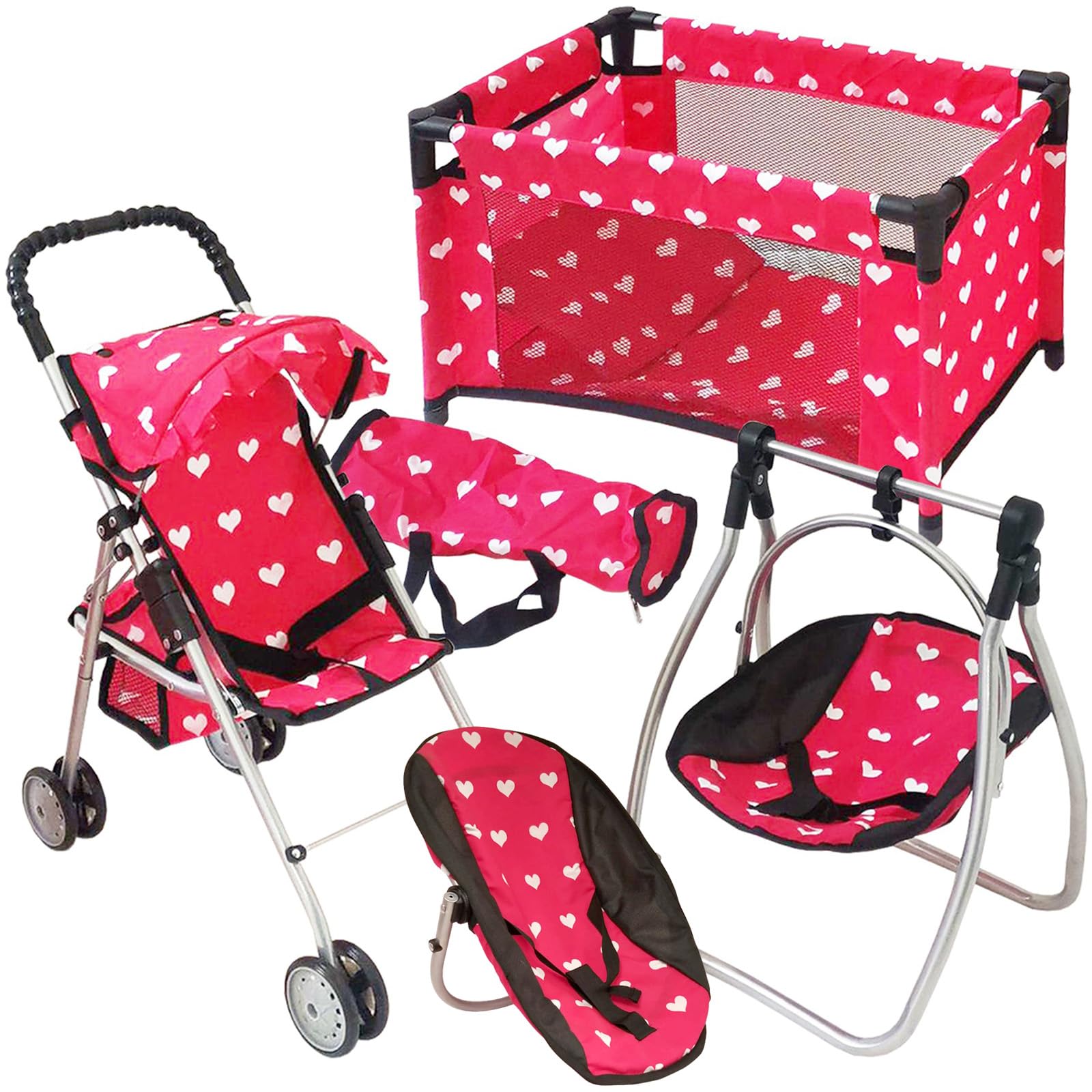 THE NEW YORK DOLL COLLECTION Baby Accessories Set - 3-1 Baby Furniture Set with Baby Stroller, Baby Crib, Baby Swing - Baby Bed Set for 18 - Play Baby Toys for 18" s (Pink Hearts)