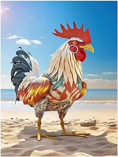 Pintura de diamantes por números, pintura de diamante redondo completo 5D, kit de punto de cruz de pollo para playa, kit de pintura de diamantes