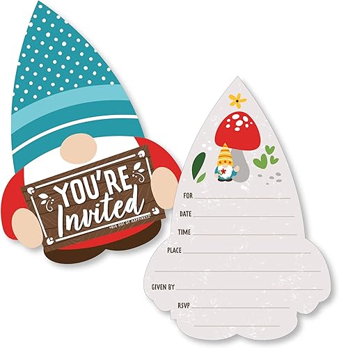Big Dot of Happiness Gnomos de jardín - Invitaciones de relleno en forma de gnomos del bosque con sobres - Juego de 12 tarjetas de invitación para