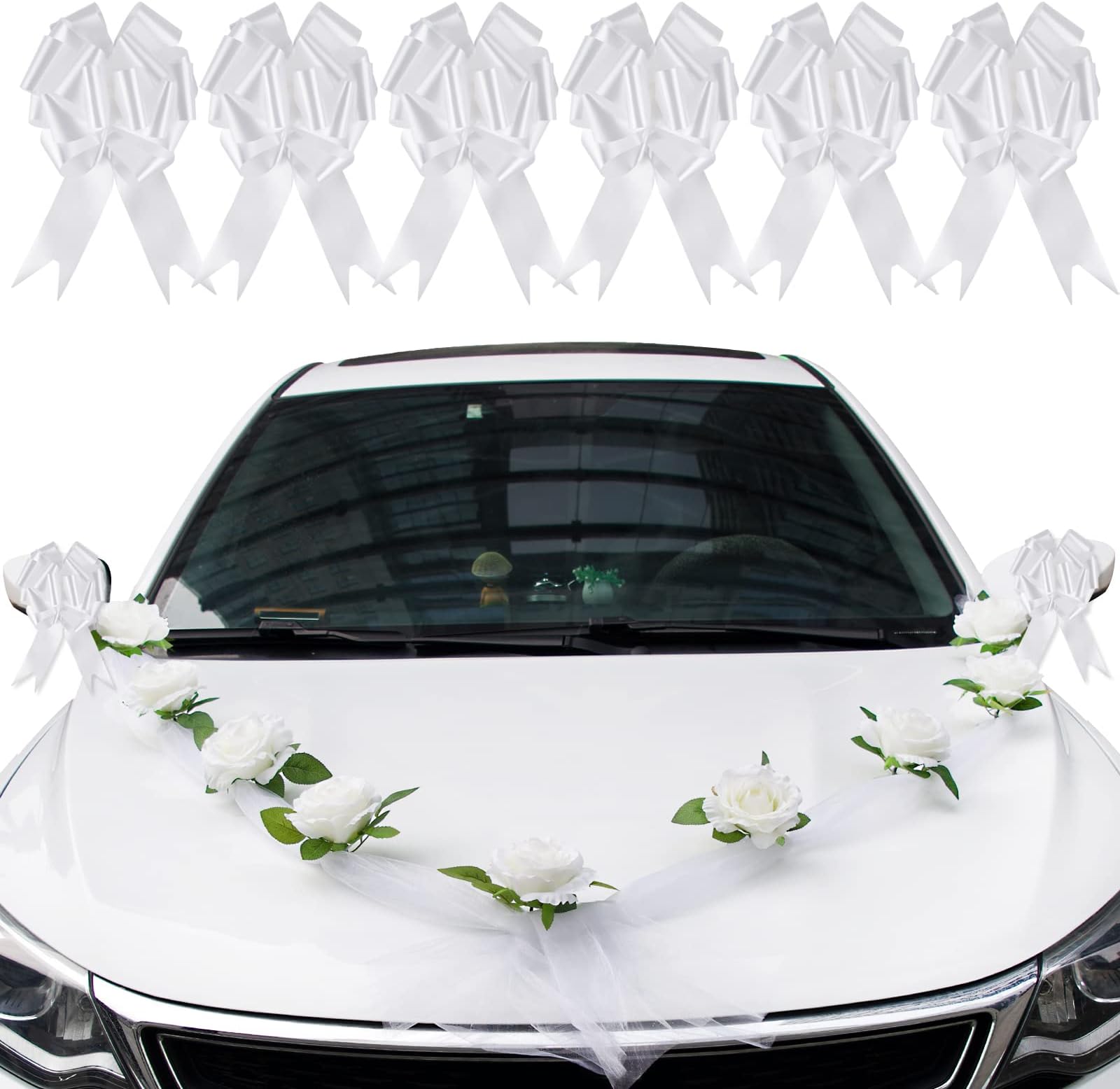 Wedding Car Ribbon Decoration Set, 2Pcs Car Ribbons + 9Pcs Artificial Rose Flowers + 6Pcs Pull Bows for Wedding Car Ceremony Party Decoration (White)