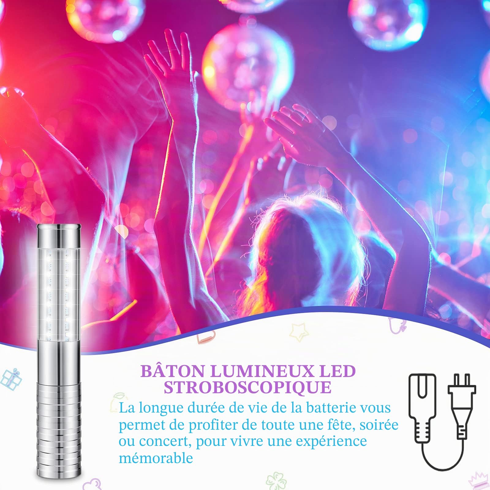 Lot de 2 lampes LED pour bouteille – Bâtons stroboscopiques et lumineux rechargeables pour bouteilles de champagne, bar, club, fête, anniversaire, mariage, événements (argenté)