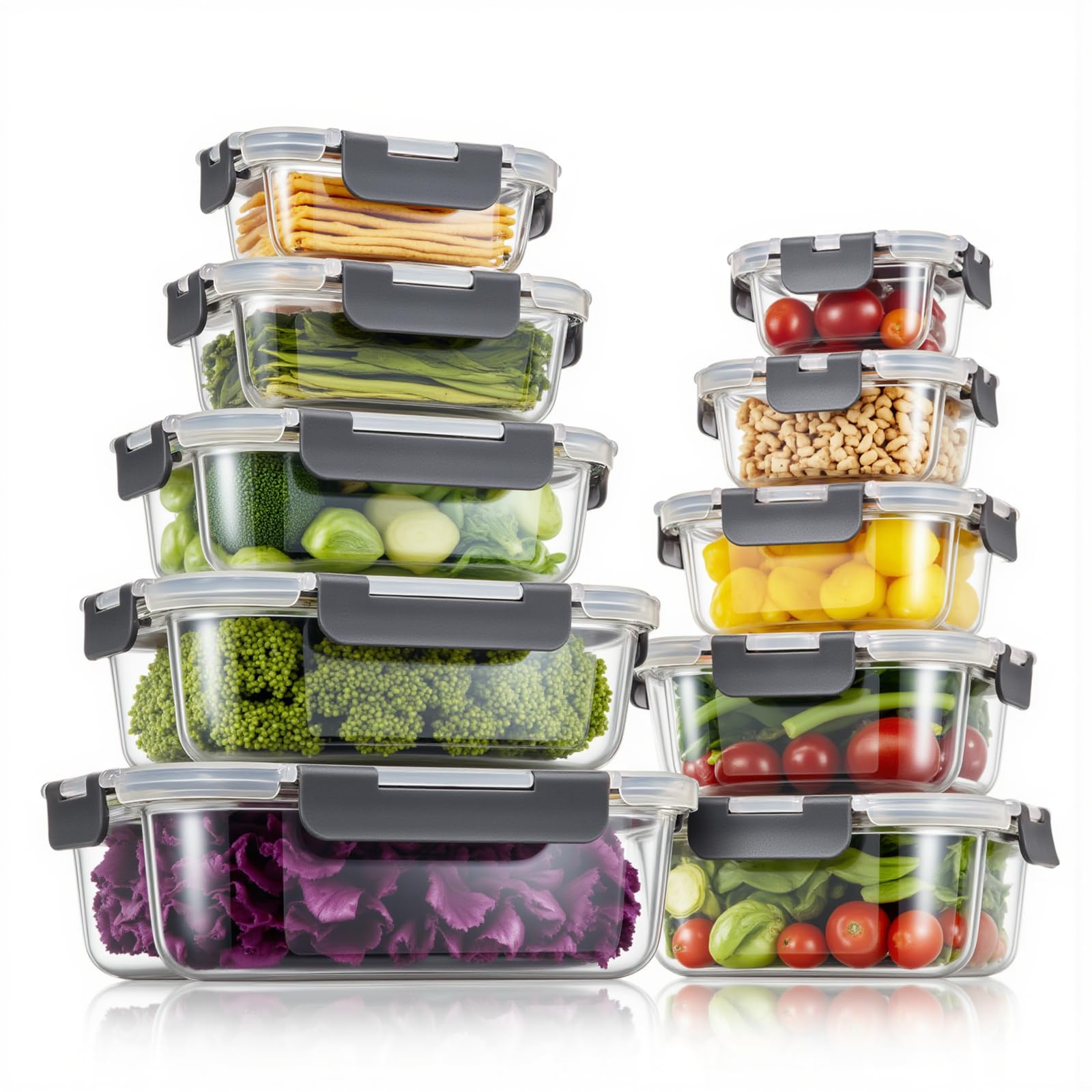 Glass Food Storage Containers with Lids, Meal Prep Containers, Airtight Lunch Containers Bento Boxes with Snap Locking Lids, for Microwave, Oven, Freezer and Dishwasher
