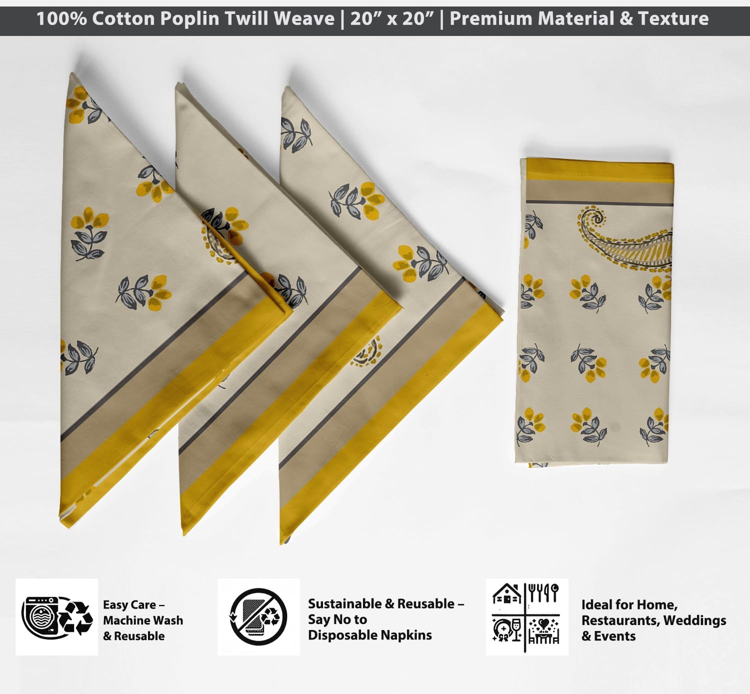 Designer Cotton Twill Block Print Napkins - Set of 12, 20-Inch, Yellow Color, Durable & Absorbent Cloth Napkins for Dining, Parties, and Home Decor - Machine Washable