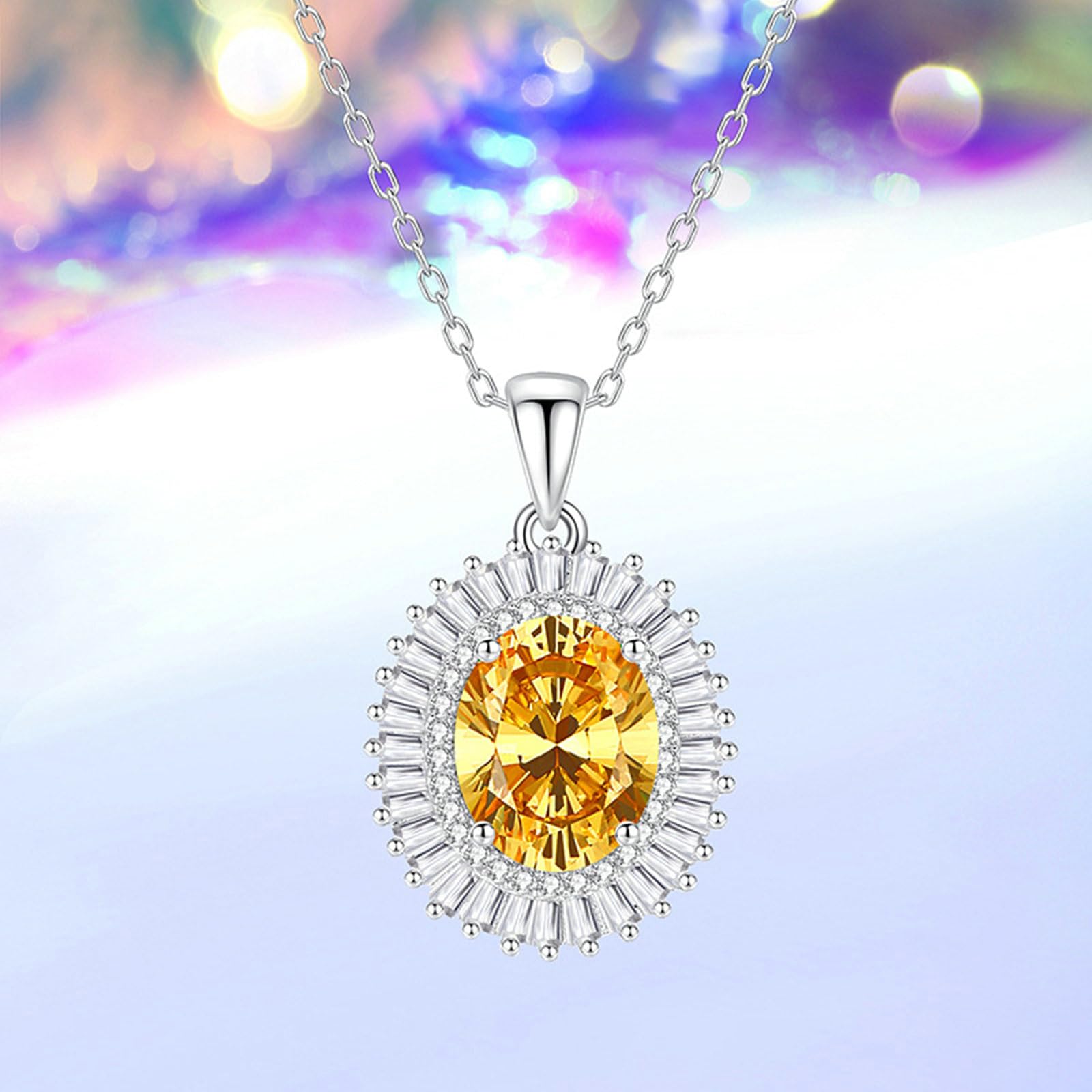 9K Weißgold Anhänger Halskette, Citrin 3ct Ovaler Statement Kette Damen Hochzeit Echt Gold AU375