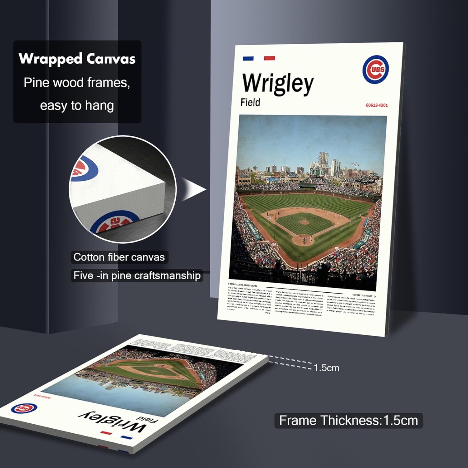WrigleyField Stadium Poster (L24 xW16 Wrapped Canvas) Chicago Bay Ballpark Wall Art Print - Cubs Retro Sports Poster - Gift for Baseball Fans & Cubs Team Supporters