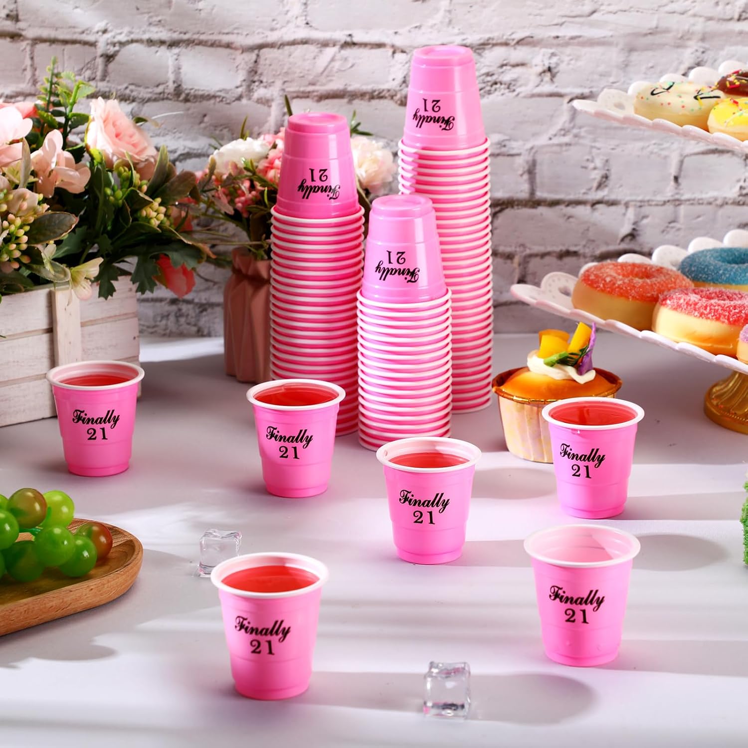 Domensi 100 Pcs Finally 21 Shot Glass Disposable 2 oz Plastic Cups 21st Birthday Party Supplies Twenty One Birthday Cups Decorations for Men and Women 21st Birthday Anniversary (Pink,Finally 21)