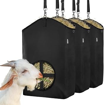 3 PCS Goat Hay Feeder,Hay Bags for Horses,Goats,Donkeys with 600D Oxford Fabric and High Strength Metal Clasp,Horse Feeding Supplies with Adjustable Strap for Easy Hanging 3Black