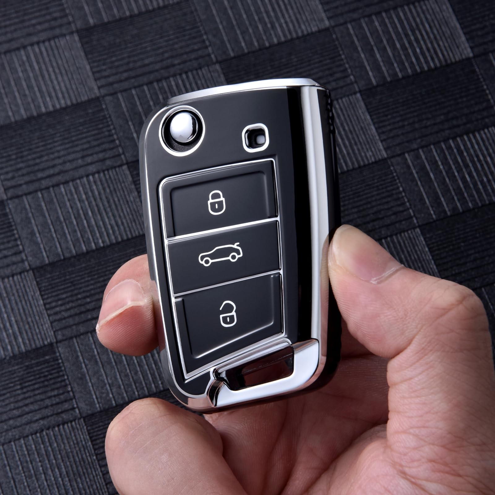 OATSBASF Car Key Case Compatible with VW Golf 7, Key Box Cover for VW Polo Skoda, Tiguan, MK7 3 Buttons (Silver Edge Black) - Image 4
