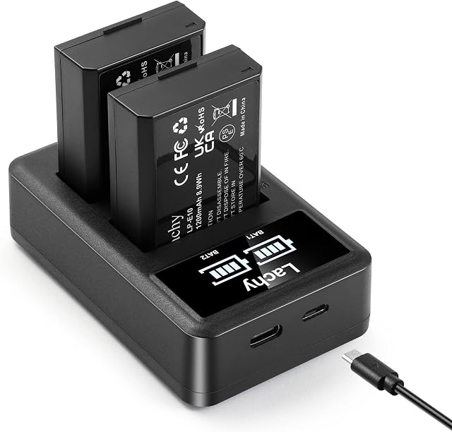 Lachy 2-Pack LP-E10 Battery Pack 1200mAh and Dual Battery Charger for Canon EOS Rebel T3 T5 T6 T7 T100 Kiss X50 X70 X80 X90 1100D 1200D 1300D 1500D 3000D 4000D Cameras