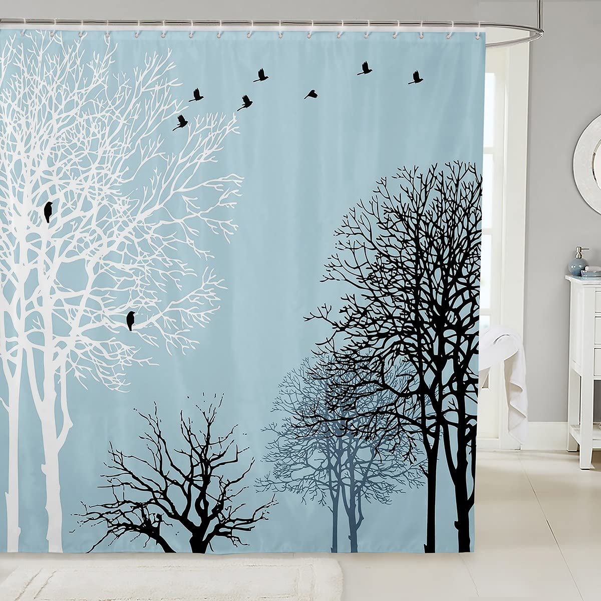 Tree Shower Curtain Tree Leaves Bath Curtain with Hooks for Kids Adults Foggy Woodland Shower Curtain Nature Landscape Waterproof Fabric Bathroom Black White Light Blue 72x84 Inch — image 1