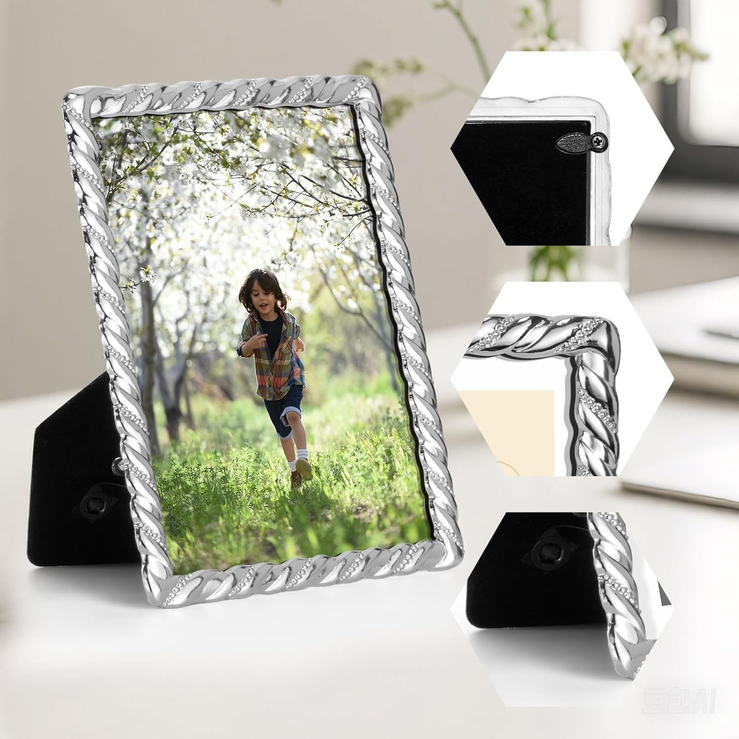 5x7 inch Picture Frame Design Vintage Style Metal Photo Frame with High Definition Glass Antique Display Holder for Tabletop (5x7-Silver-Spiral Rope)