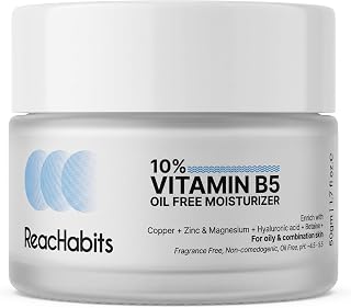 ReacHabits 10% Vitamin B5 Oil Free Moisturizer for Oily & Combination Skin – Fades Blemishes, 2X Hydration with Hyaluronic Acid & Zinc, Non-Comedogenic Gel Cream, 50gm/1.7 fl oz