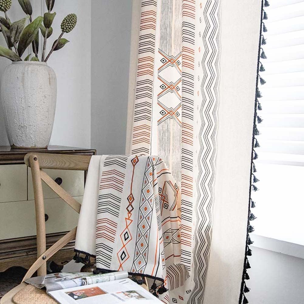 Black and Orange Colorful Geometric Boho Soft Window Curtains for Bedroom, Vintage Living Room Kitchen Rod Pocket Semi Blackout Curtain Chic Decor with Tassels, 59" x 72", 1 Panel