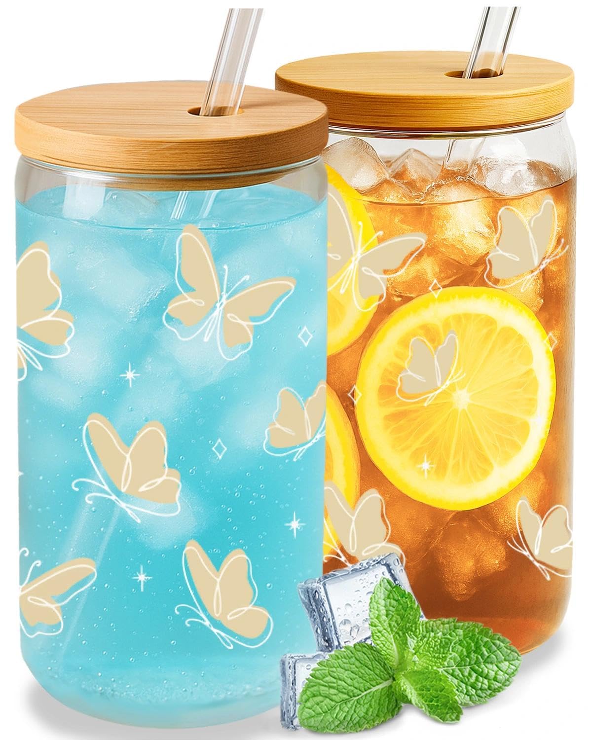 Sylona Gifts for Women Butterfly Soda Can Glass with Bamboo Lid Straw, Reusable Cup for Iced Coffee Juice Smoothies Cocktails, Cute Drinkware Present for Her