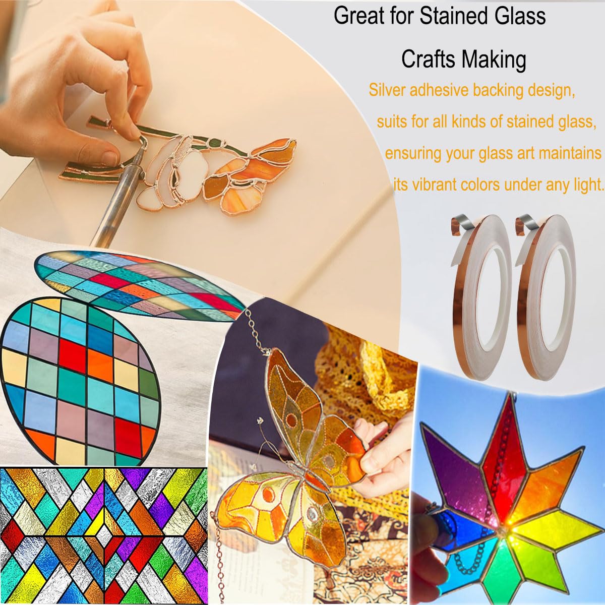 Silver Backed Copper Foil Tape for Stained Glass – 7/32” Silver Lined Foil Copper for Soldering and Glass Art DIY Tools, 36 Yards (2 Rolls, 2.36 Mil Thick)
