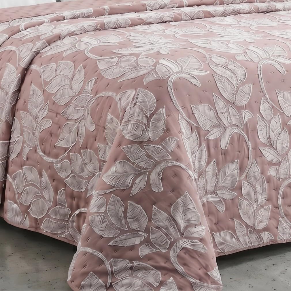 Riad Arredo Trapuntino Matrimoniale Primaverile Estivo Double Face Ricamato Morbida Microfibra 250x250 cm - Copriletto Trapuntato Leggero Elegante Moderno Anallergico (Clipper Rosa Antico)
