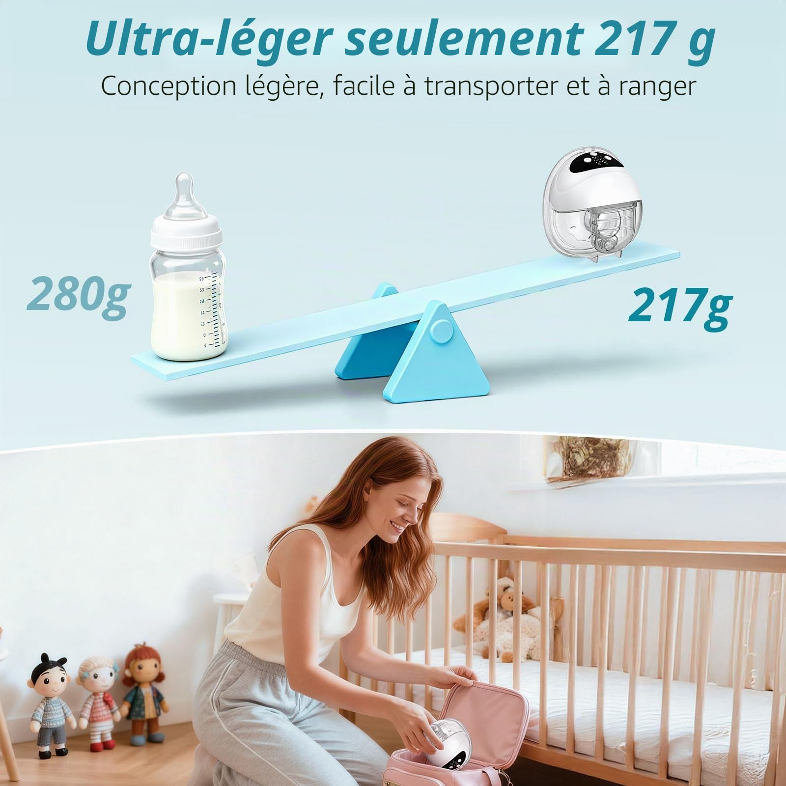 Tire-Lait Électrique Mains Libres, Lot de 2, Forte Aspiration, 4 Modes & 12 Niveaux, Silencieux et Portable, Bride 27 mm avec Inserts 24/21 mm, Facile à Nettoyer, Blanc