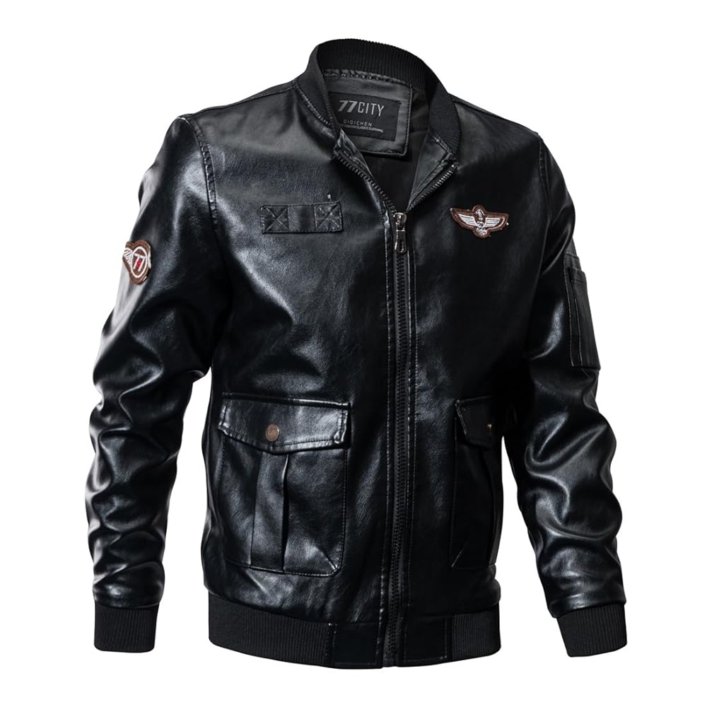 【SCENERITY】Lupon collar leather jacket Minishion Men's Front Zip Pocket Fashion Leather Outdoor