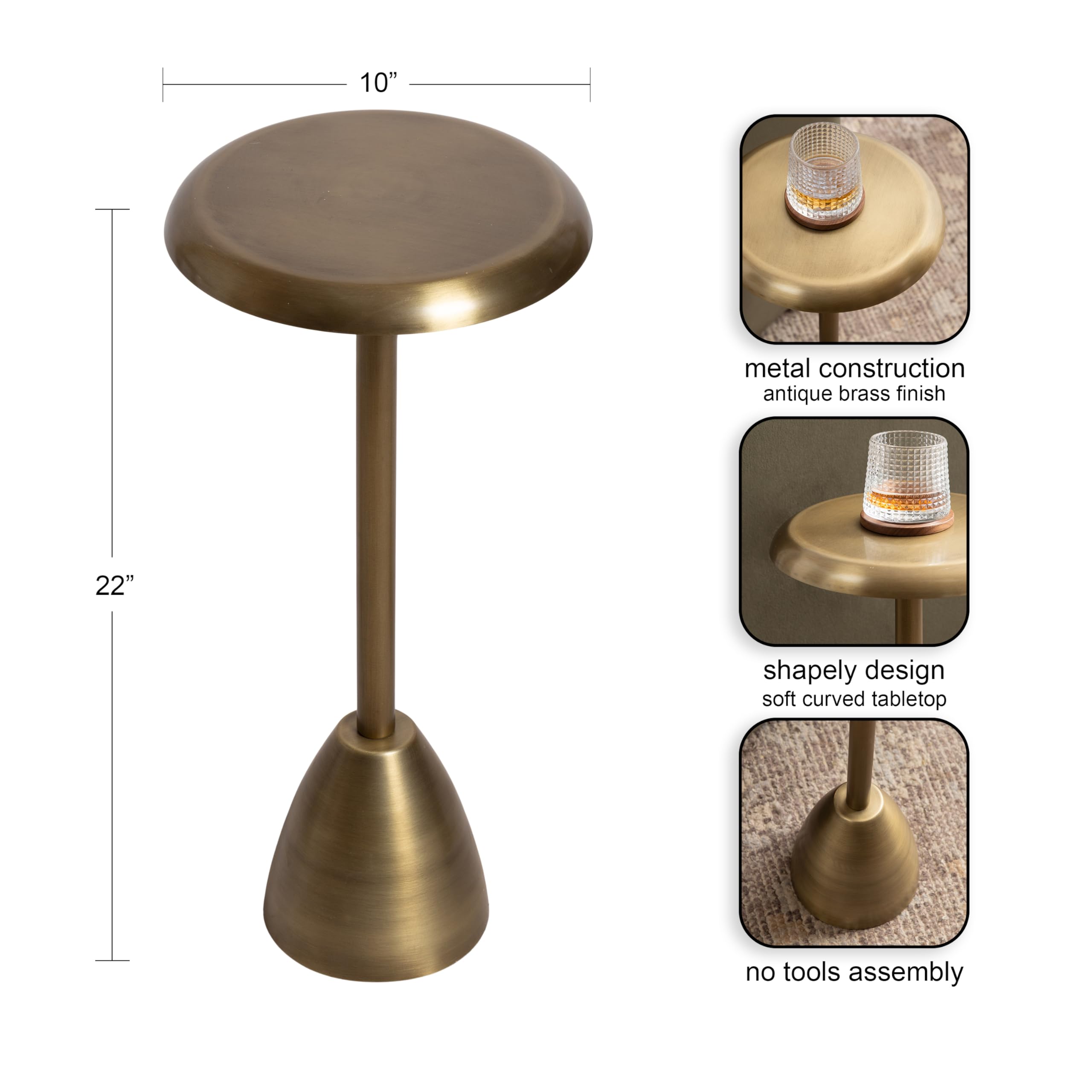 Kate and Laurel Morizet Modern Round Drink Table, 10 x 10 x 22, Antique Brass, Transitional Metal Martini Table with Pedestal Design for Use as Small Indoor Plant Stand or Living Room Accent