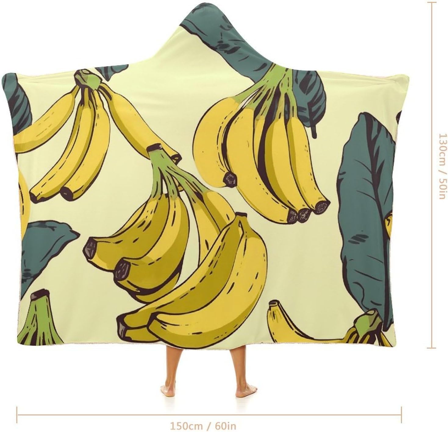 Banana Print Wearable Hooded Blanket, Ultra Soft Arctic Velvet Cape Cloak Unisex - Cozy Wearable Blanket