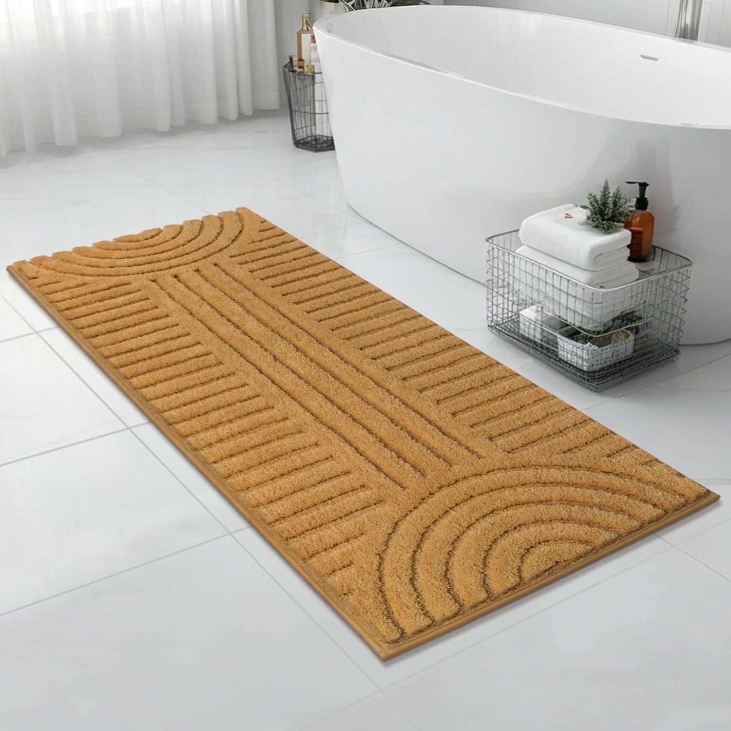 SHACOS Super Soft Bathroom Runner Rugs 24"x60" Non Slip Boho Bathroom Mats Microfiber Absorbent Carpet for Bath Room Machine Washable Shaggy Bath Rugs for Shower Bathtub Home Decor, Mustard 2'x5' - Image 3