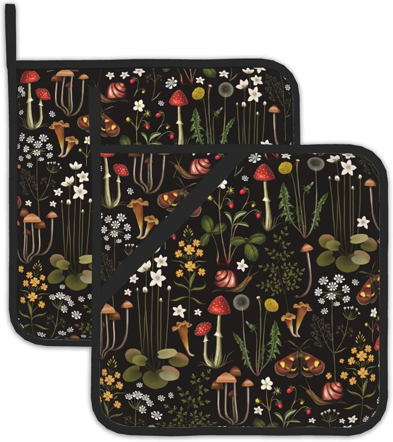 Retro Mushroom Pot Holders Set of 2, Kitchen Heat Resistant Forest Plant Moth Potholder for Microwave Cooking Baking Oven End Dishes and BBQ