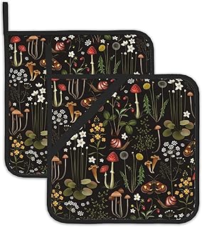 Retro Mushroom Pot Holders Set of 2, Kitchen Heat Resistant Forest Plant Moth Potholder for Microwave Cooking Baking Oven End Dishes and BBQ