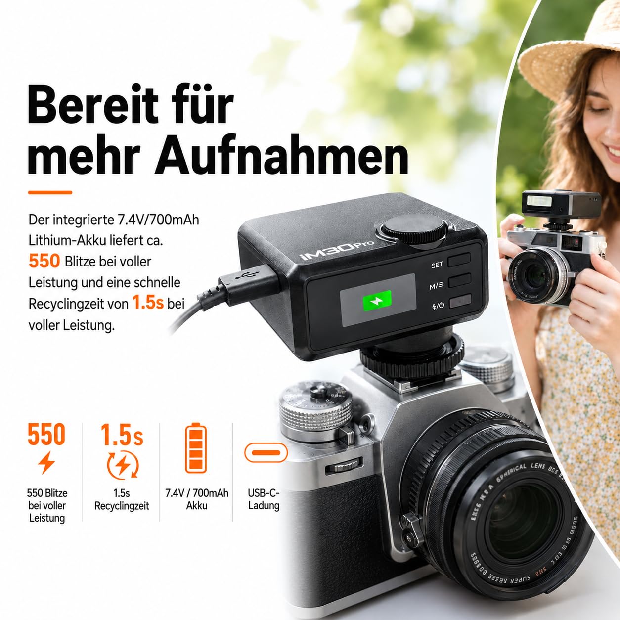 Godox iM30Pro iM30 Pro Mini Kamerablitz, GN15 Kamera Blitz, Auto & M Modus | 550 Blitze, 1,5s Recycling, USB-C, Einzelkontakt-Blitzschuh für Sony Canon Nikon Fujifilm Olympus Ricoh Leica Panasonic