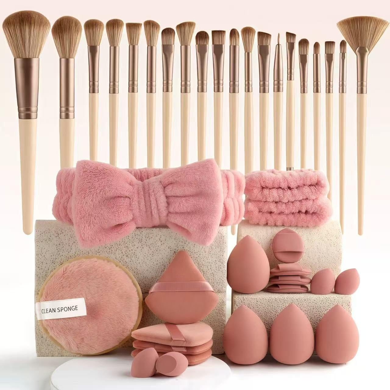 40 PCS Professional Makeup Brush Tools Set, Cosmetic Brush Sponge, Puff, Headband, Brush Cleaning Bow Set, Facial Makeup, Cleaning Accessories, Makeup Products, Valentine Day Item (Beige-40PCS)