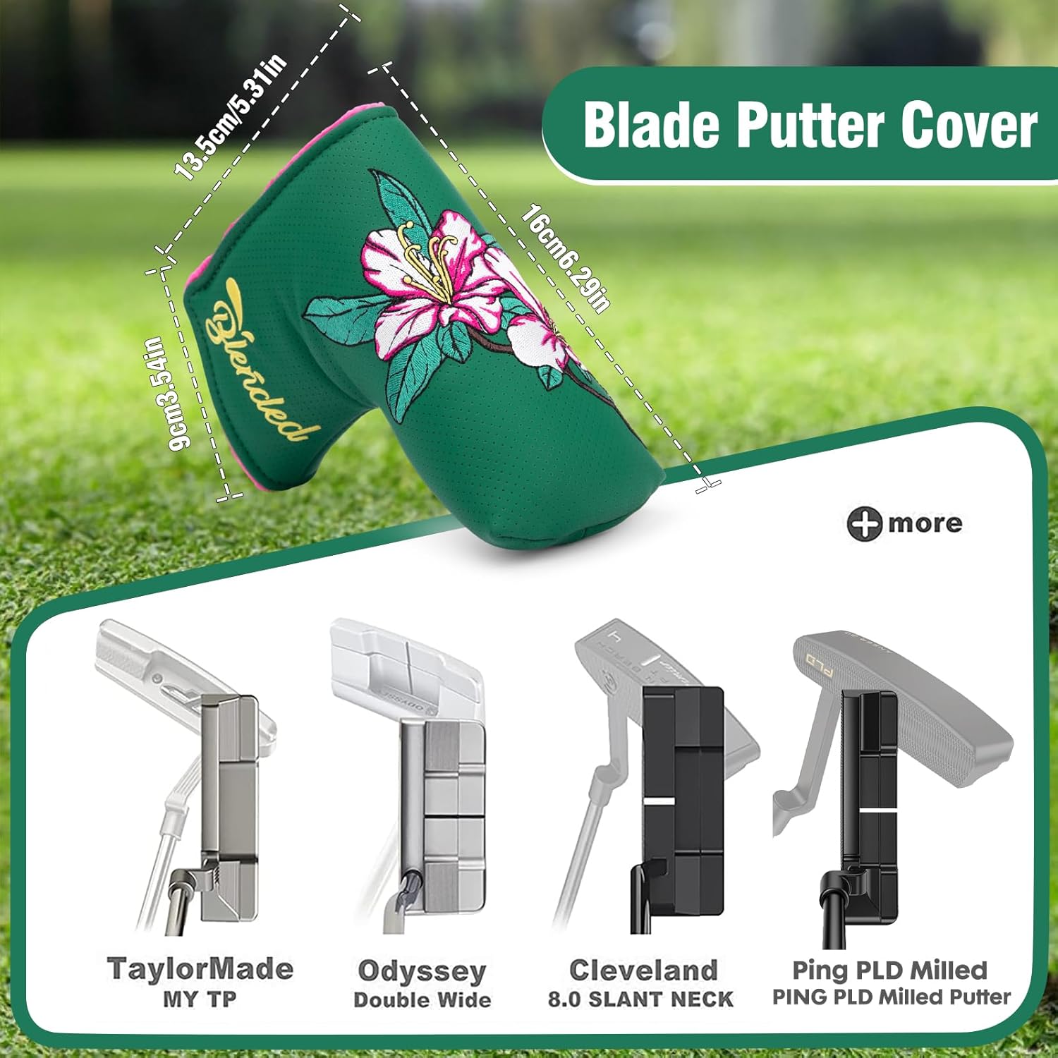 Golf Club Covers Azalea Embroidery Putter Headcover Driver Cover Fariway Wood Headcover Hybrid Cover Leather Mallet Putter Covers Blade with Magnetic Closure for Most Brand