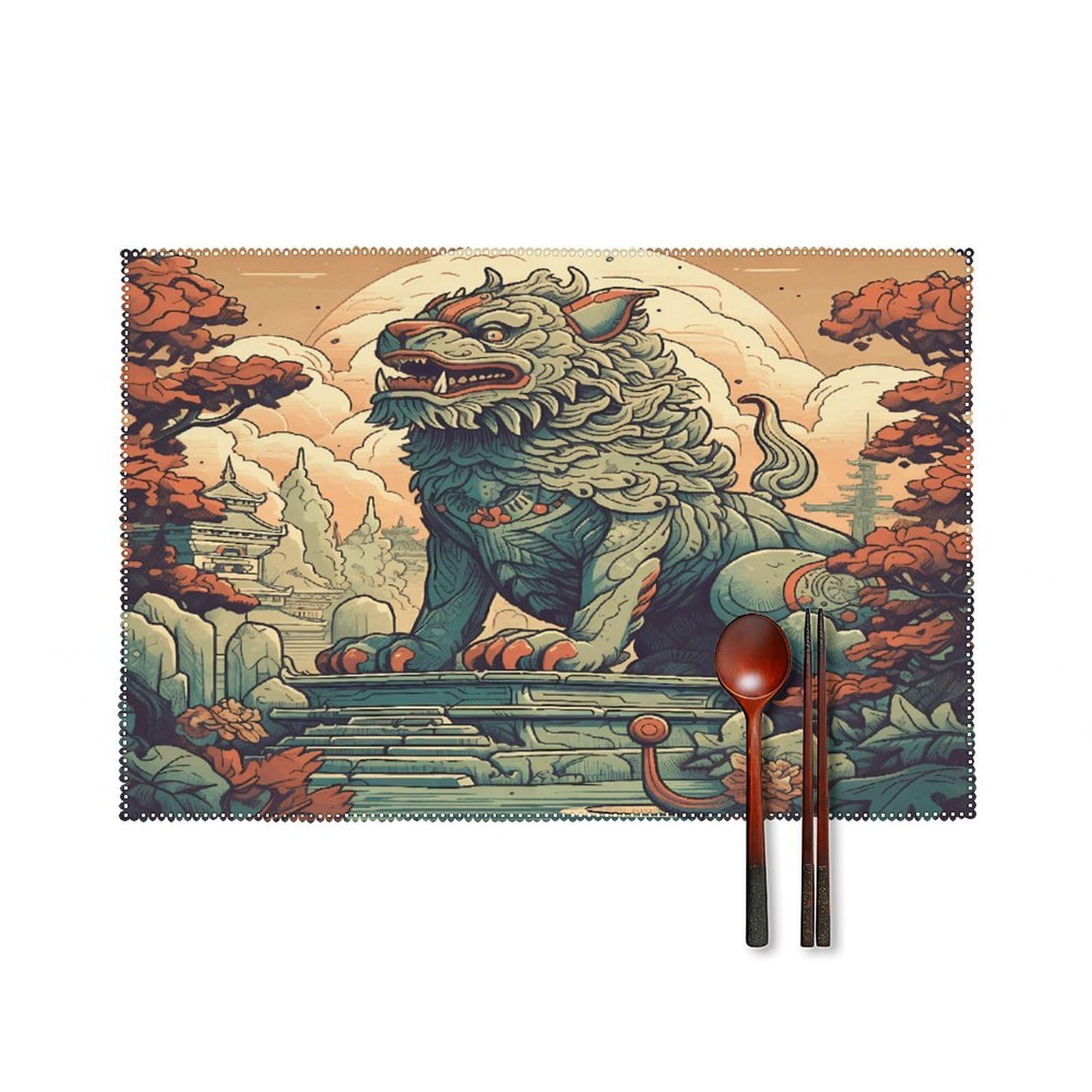 Lion Statue Placemats Set of 6 Heat Resistant Non-Slip Table Mats Washable Indoor Outdoor Place Mats Rustic Vintage Seasonal Placemat for Kitchen Dining Outdoor Party Table Decor