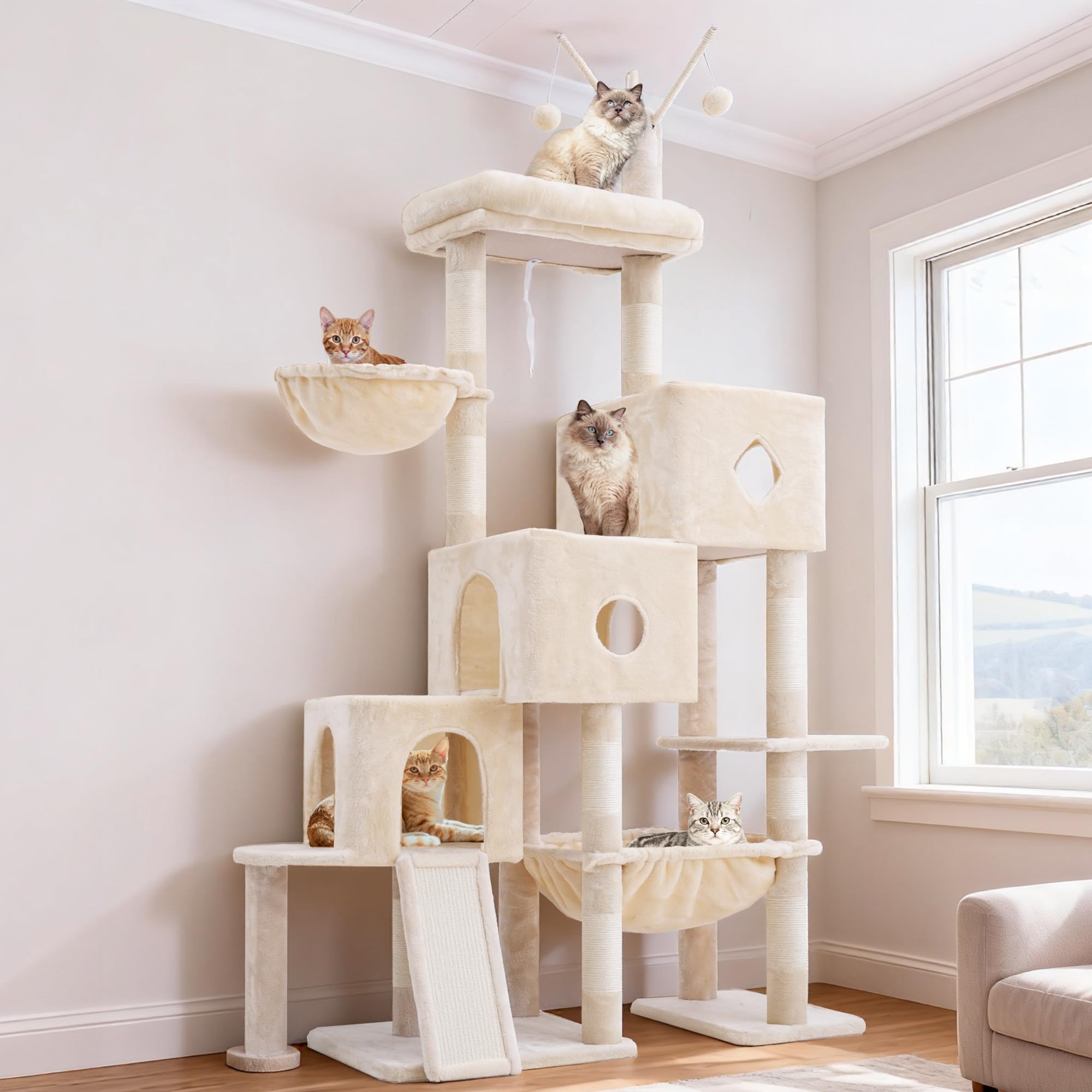 Hey-brother Kratzbaum, Stufiger Katzenbaum für Großkatze, mit 3 Katzenbetten, großer Hängematte, liegefläche und Sisalkratzbrett – großes internes Katzenmöbel, 160 cm hoch, Beige EMPJ081M
