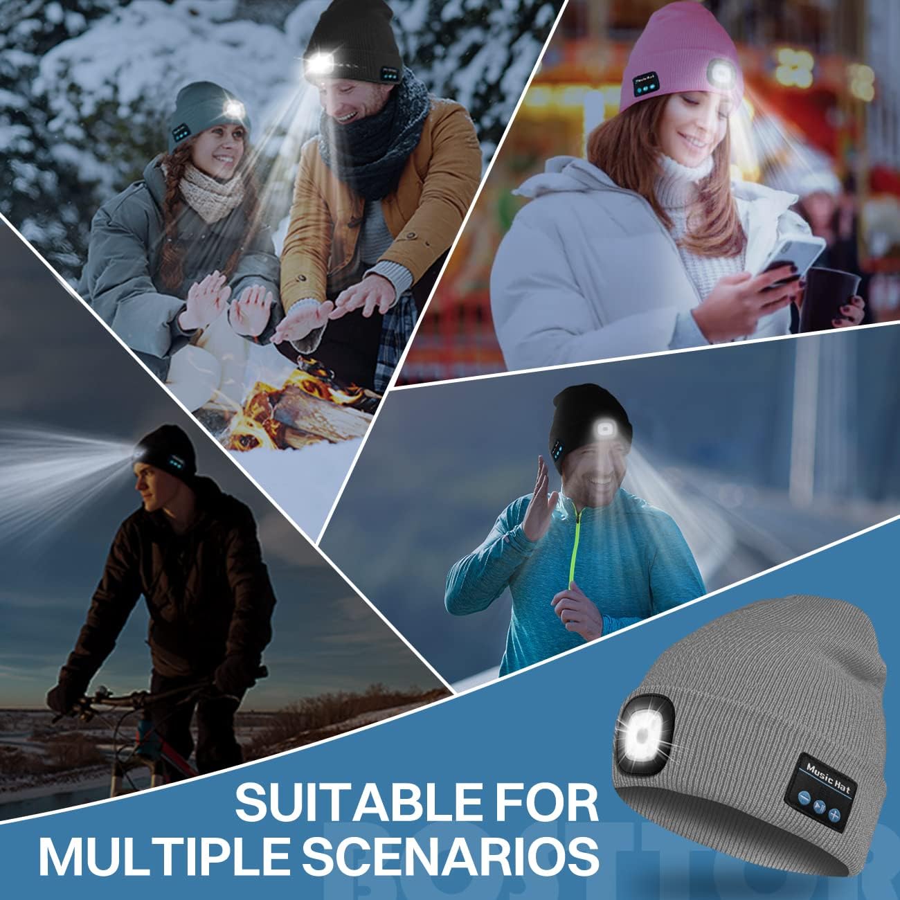 Vista 6 de Bosttor Gorro Bluetooth con luz, gorro para faros delanteros con auriculares y micrófono de altavoz integrado, regalos para hombres, mujeres