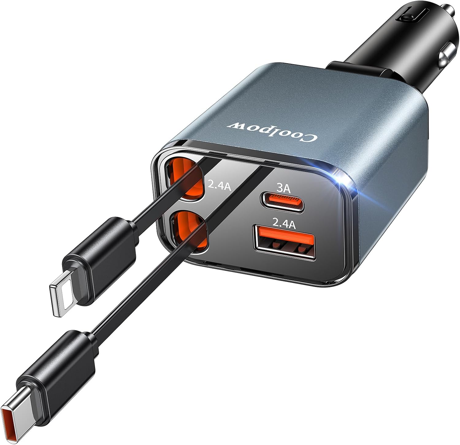 Coolpow Retractable Car Charger Adapter【4 in 1 Fast Charging】Retractable Car Charger USB C Car Phone Charger USB C Cigarette Lighter Charger Adapter Car Charging Block Cube for iPhone 17 Pro Max 16 15