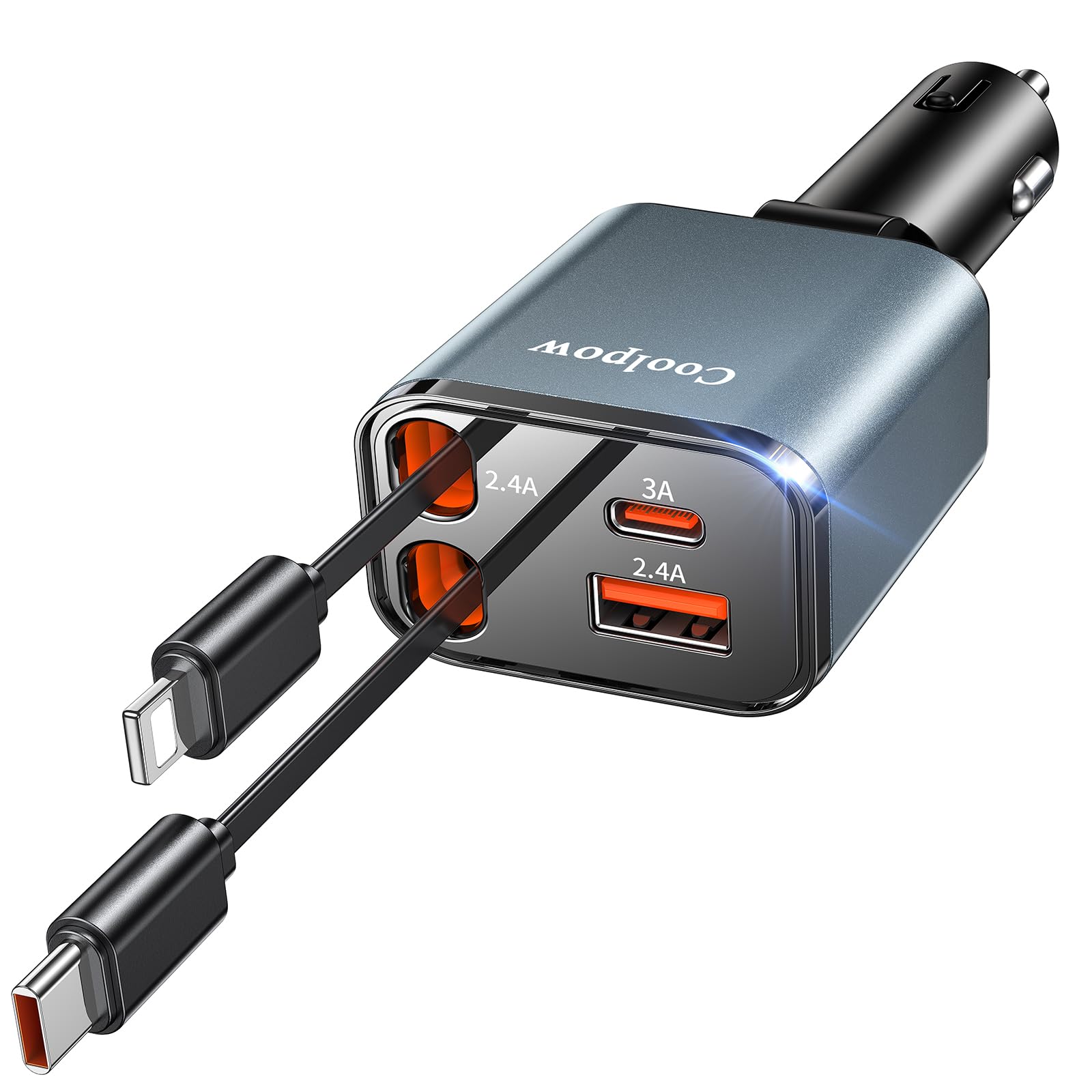 4 EN 1 Cargador Coche USB C, 69W Cargador Mechero Coche【180° Plegable】 Car Charger Adaptador Móvil Coche con 2 Cables Retráctiles para iPhone 16/15/Samsung S25/S24/iPad/GPS