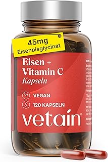 VETAIN Eisen 45mg (aus Eisenbisglycinat) + 250mg Vitamin C – 120 Kapseln – hohe Bioverfügbarkeit – hochdosiert, vegan & geschmacksneutral – produziert & laborgeprüft in Deutschland