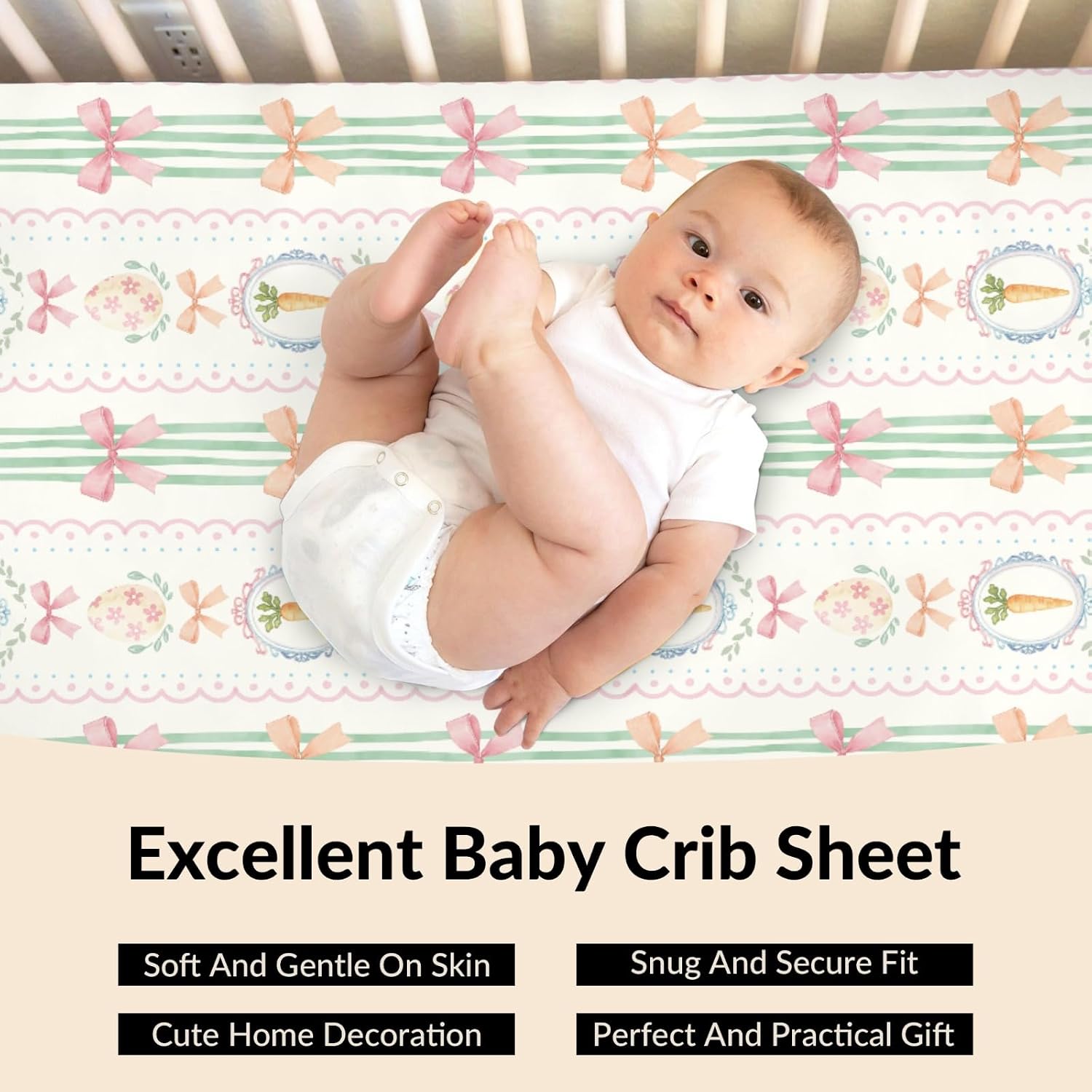 Easter Bows Carrots Baby Boys Girls Crib Sheets Vintage Easter Eggs Boho Floral Striped Standard Crib Toddler Mattresses Nursery Spring Garden Bedding Sheet Crib Mattress Sheets 28x52in