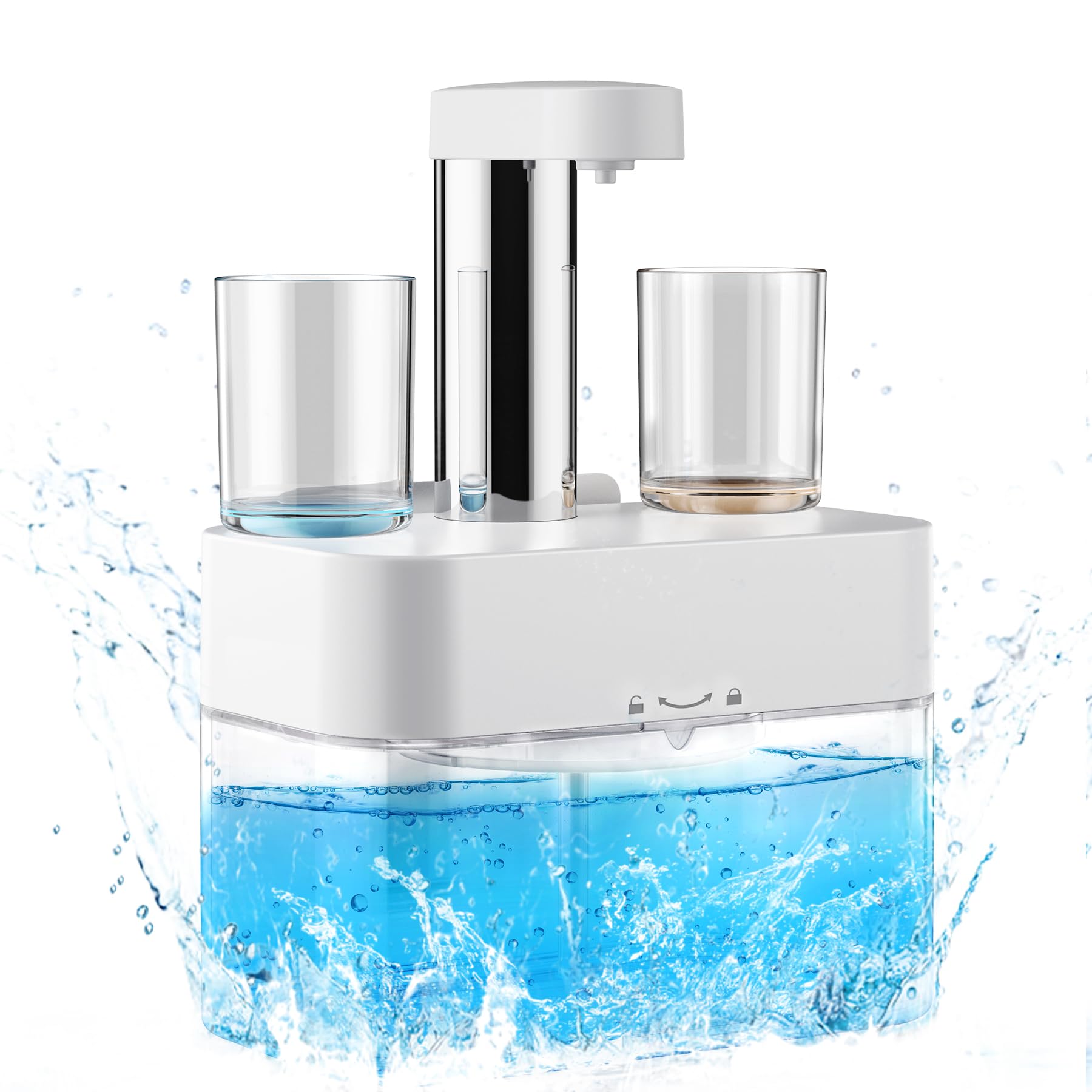 Mouthwash Dispenser 550 ml with 2 Magnetic Cups Automatic Mouthwash Dispenser Waterproof Wall Mounted Dispenser Self-Cleaning 3 Adjustable Dosing Levels Mouthwash Dispenser Bathroom Accessories White