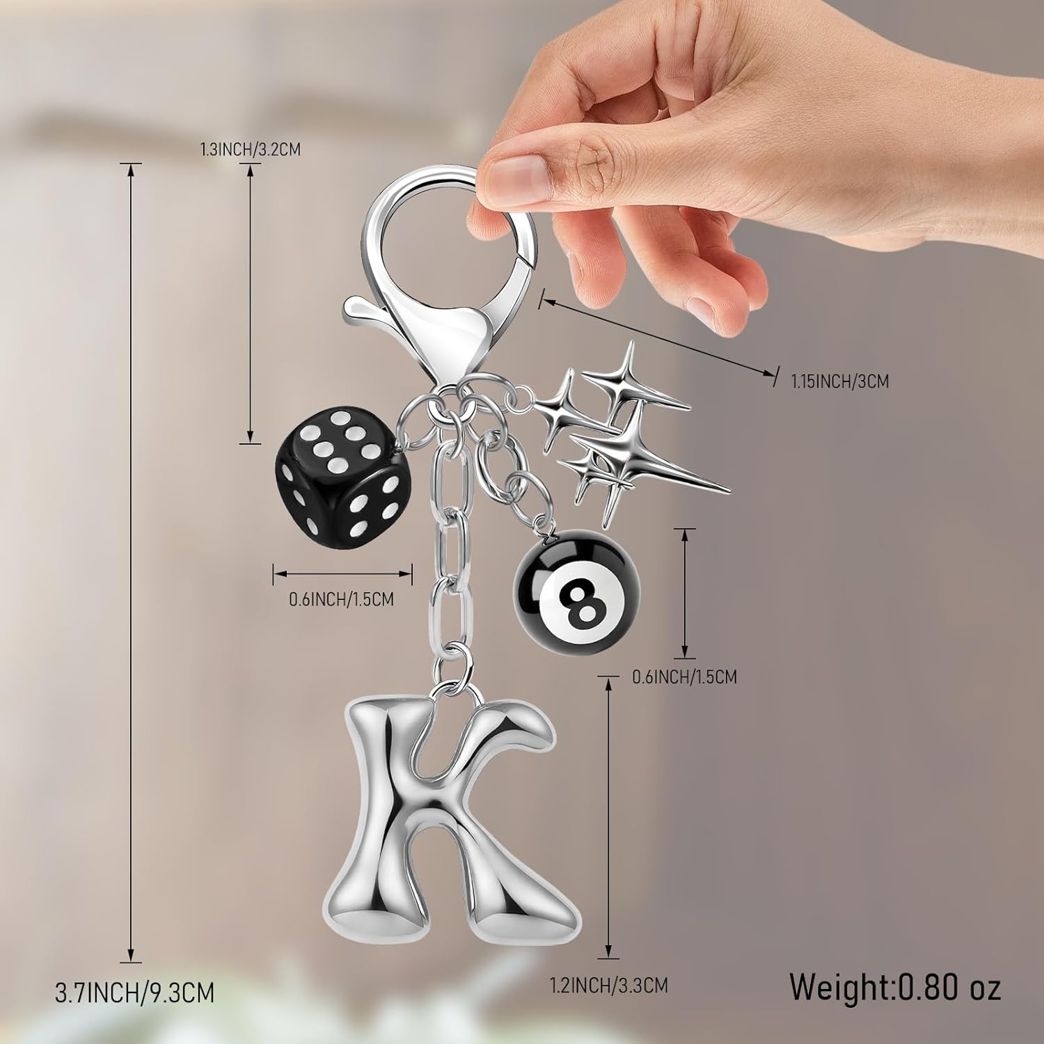 Y2K 8 Ball Dice Keychain with Bubble Initial Letter A-Z Silver Star Bag Charm & Aesthetic Gothic Keyring for Women - Image 2