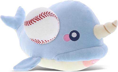 DolliBu Animal de peluche de narval azul con peluche de béisbol, narval suave, adorable juguete de peluche de narval para jugar, juguete de peluche