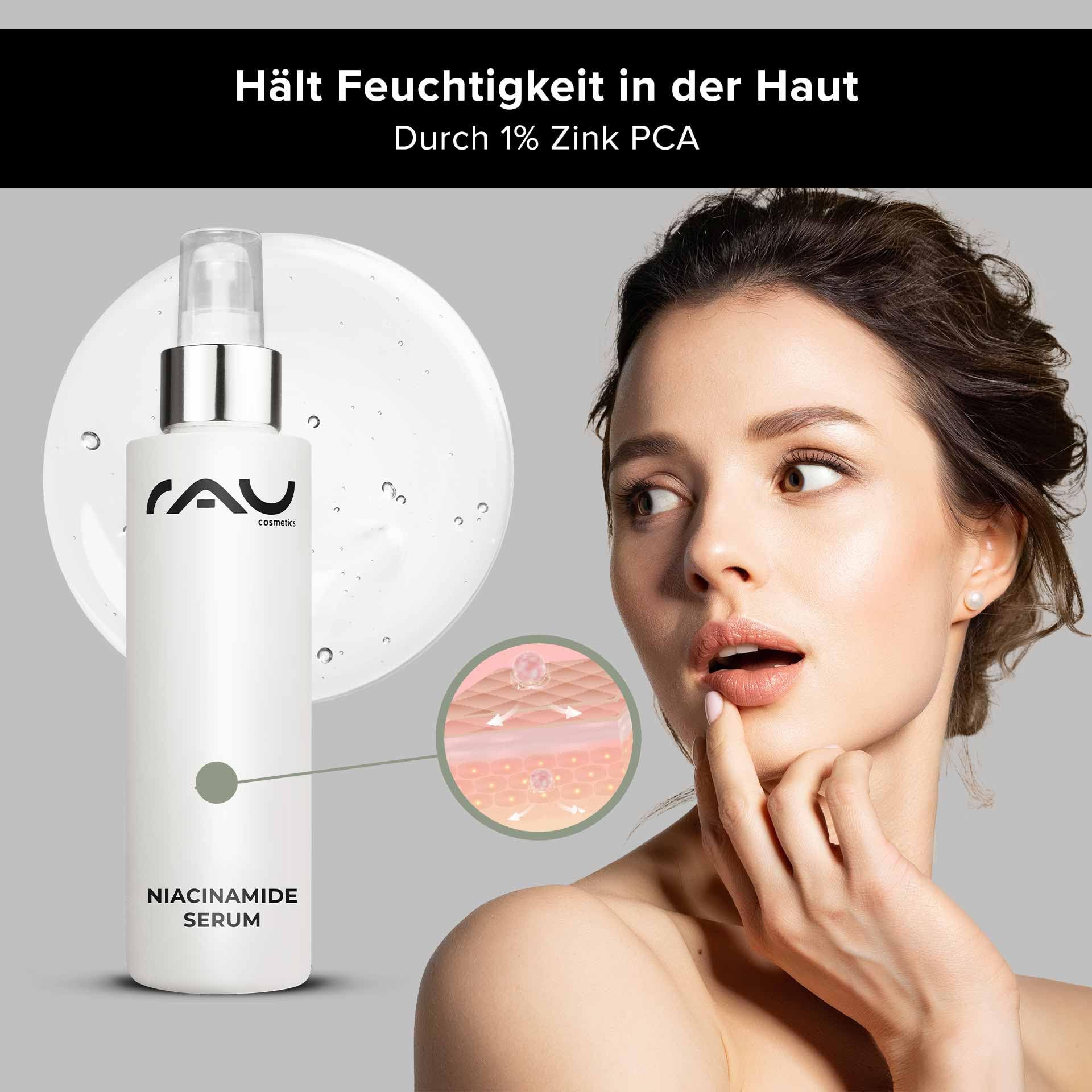 RAU Cosmetics Niacinamid 10% Serum mit Astaxanthin 100 ml - Porenverfeinernd mit Zink PCA 1% & Bakuchiol - Gesichtsserum für Ebenmäßigen Teint bei Unreinheiten & Pigmentflecken - Made in Germany