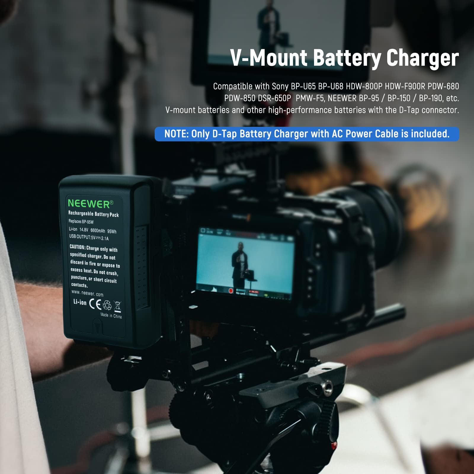 NEEWER Chargeur de Batterie D-Tap avec câble D-Tap de 1 mètre pour Batterie V-Mount/V-Lock/Gold Mount, Compatible avec Sony BP-U65 BP-U68 HDW-800P HDW-F900R PDW-680 PDW-850 DSR-650P PMW-F5