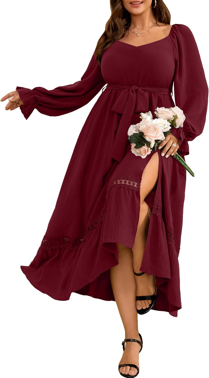 RWJ Long Sleeve Dress for Women Fall V Neck Formal Wedding Guest Cocktail Off Shoulder Plus Size Maxi Dresses with Belt