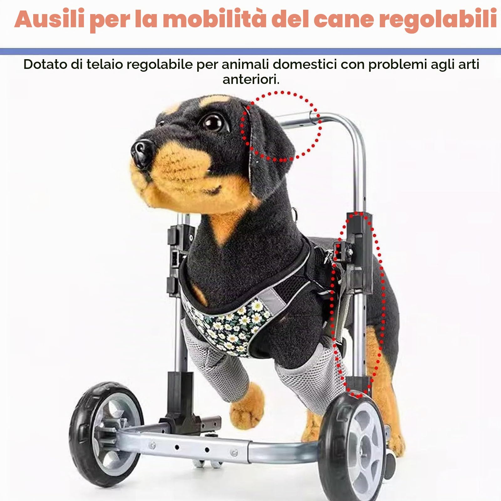 Sedia a rotelle per animali domestici disabili, ausilio per la mobilità a 4 ruote per il supporto delle zampe anteriori, passeggino con assistenza per la deambulazione per una cura migliorata degli