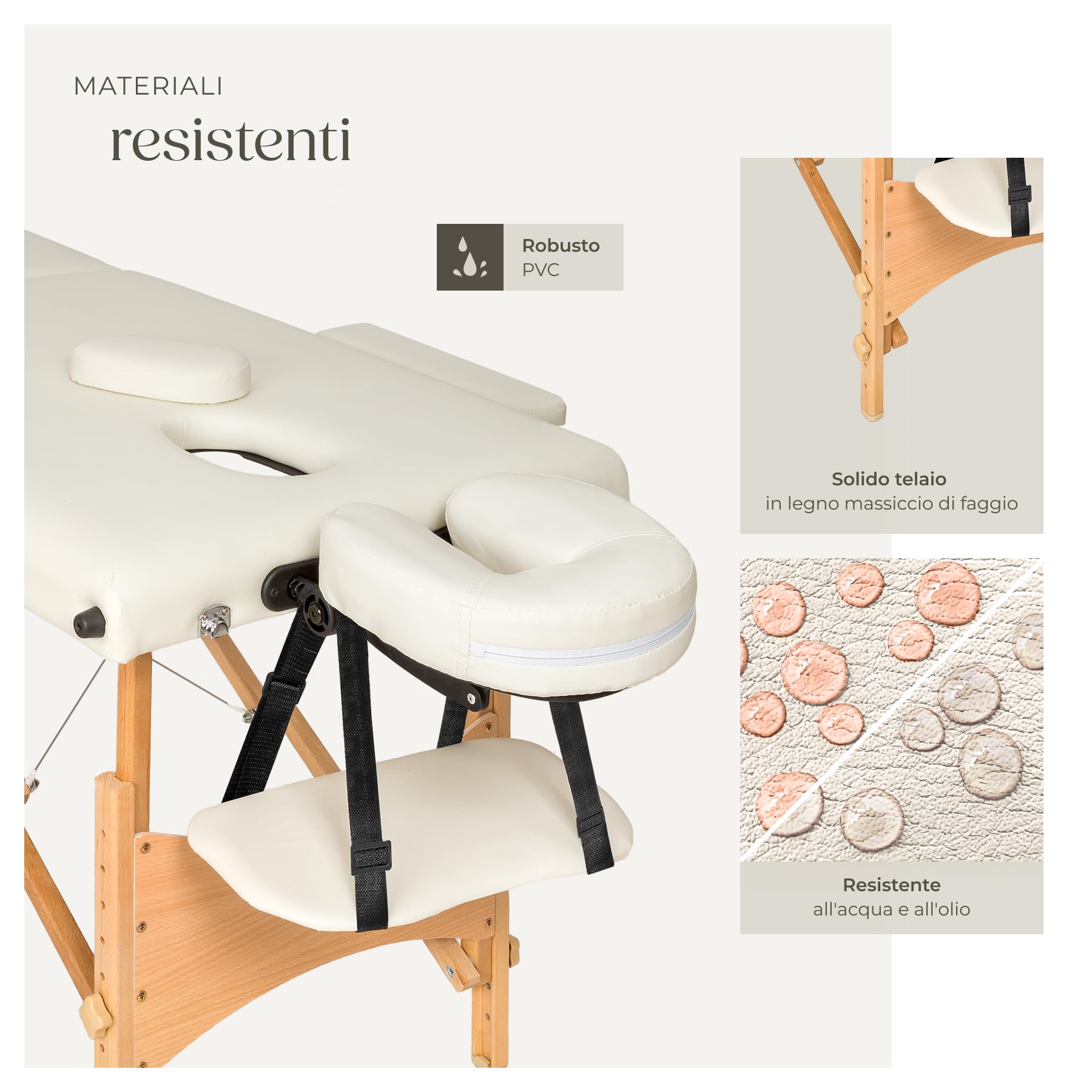 tectake® Lettino Massaggi Portatile 2 Zone, Pieghevole, Poggiatesta Rimovibile, Rivestimento Idrorepellente, Bracciolo Comodo, Pulizia Igienica Facile, Estetista, Max 210x95x84cm, Peso 14kg - Beige