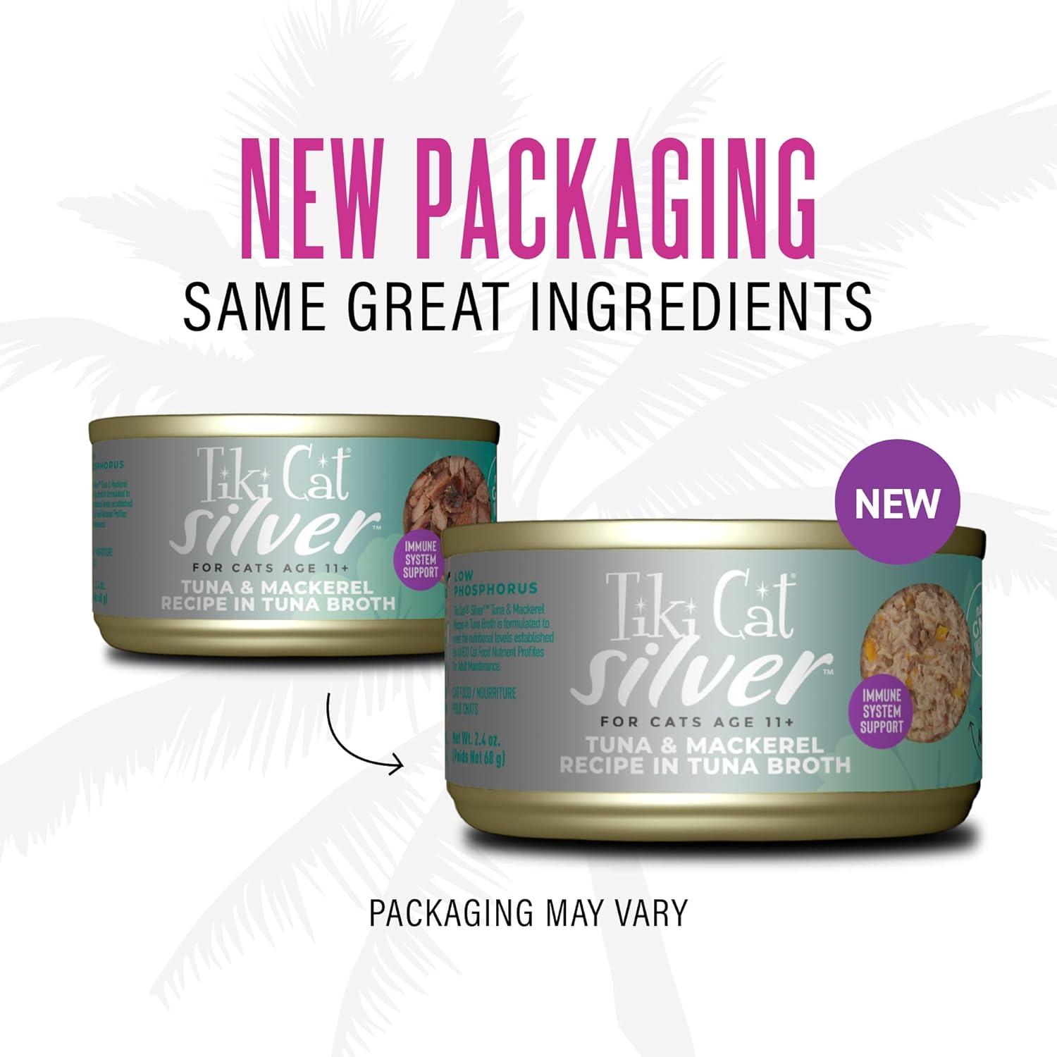 Tiki Cat Silver Comfort Mousse + Shreds, Tuna & Mackerel Recipe in Tuna Broth, Immune System Support Formulated for Older Cats Aged 11+, Senior Wet Cat Food, 2.4 Oz Cans (Pack of 12)