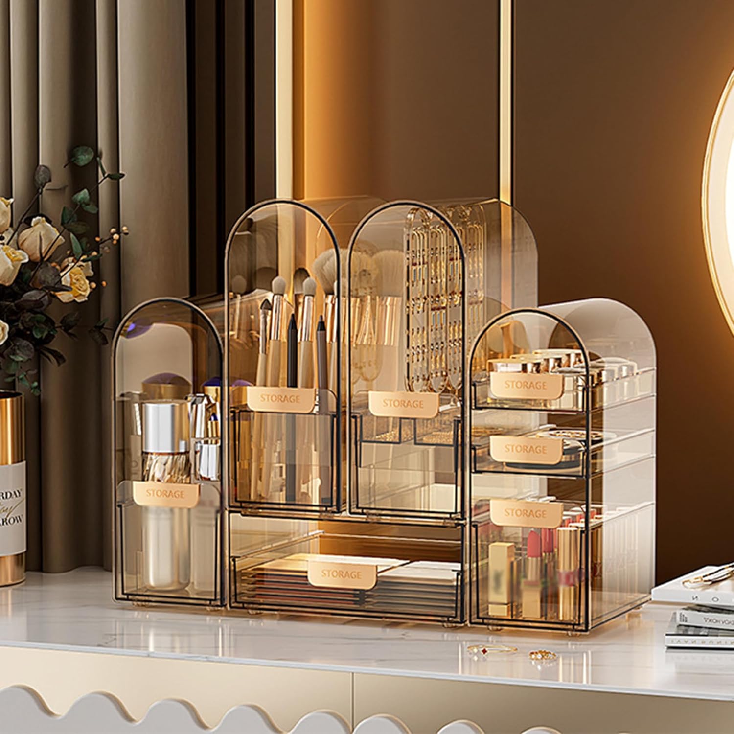 Countertop Makeup Organizer with Drawers,Stackable Cosmetic Organizers,Display Case for Brushes Lipsticks,Gold