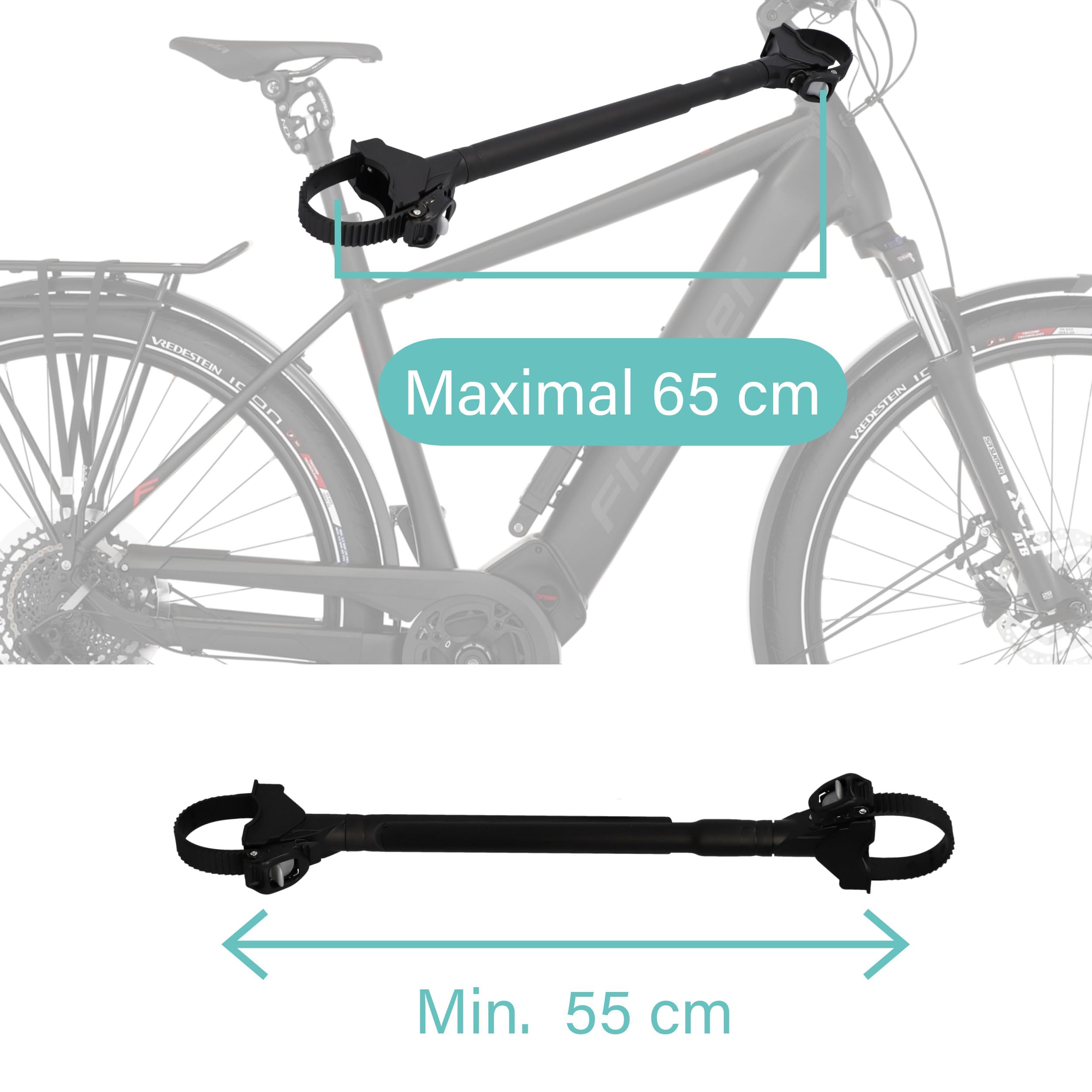 FISCHER Adattatore per telaio della bicicletta, adattatore variabile per un trasporto sicuro e pratico, adatto per tubi fino a 6 cm di diametro, distanza fino a 65 cm tra reggisella e manubrio, nero