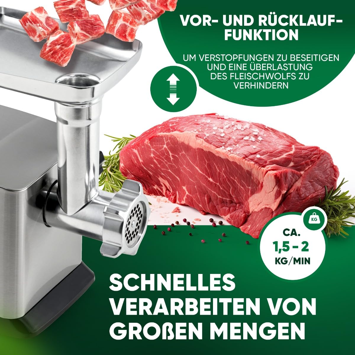 Picadora ProfiCook® 1200W | con accesorio para shortbread | picadora eléctrica | función de avance y retroceso | incl. rellenador de salchichas | cuello metálico y sinfín | PC-FW 1272